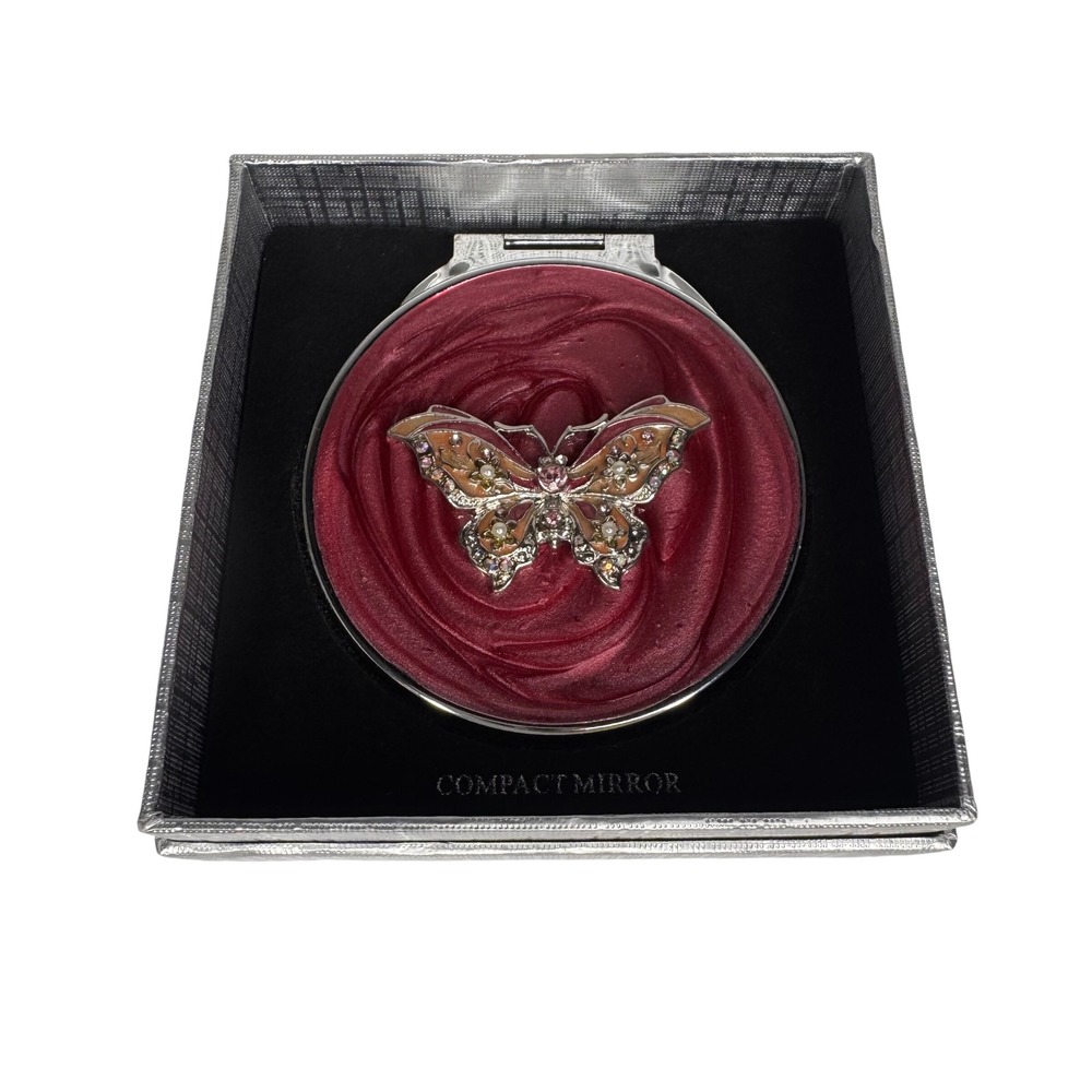NWT Neiman Marcus Fairycore Jeweled Butterfly Compact Mirror Red Silver Tone - Picture 1 of 8